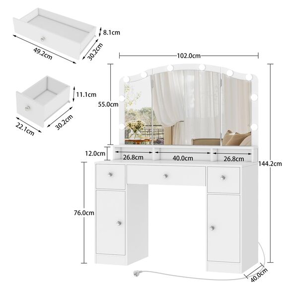 TEENFON FIONESO Schminktisch mit 3 klappbaren Spiegeln, Schminktisch mit 10 LED-Leuchten und Steckdosen, Frisiertisch mit 3 Schubladen und Zwei Schränken, für Frauen, Schlafzimmer, Weiß
