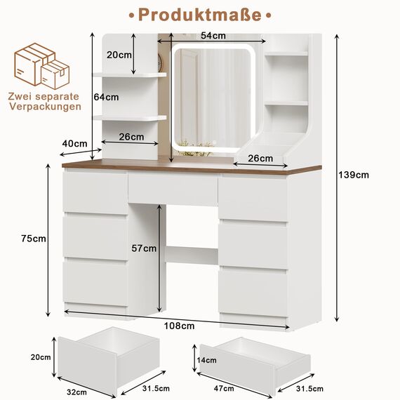 TRIUMPHKEY Schminktisch mit LED Beleuchtung,Einstellbarer Helligkeit,Frisiertisch mit Spiegel,Moderner Kosmetiktisch mit 7 Schubladen, 4 Ablagen und 3 offenen Fächern, Braun+Weiß