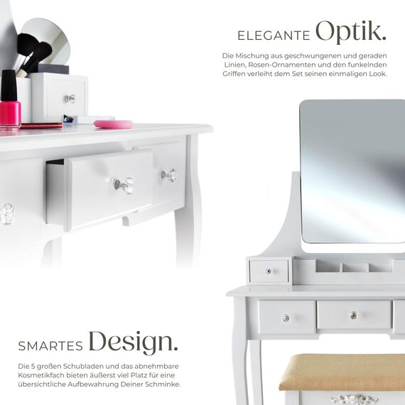 tectake® Schminktisch mit Spiegel und Hocker, Schminktisch mit Schubladen, Frisiertisch, Kosmetiktisch mit Schminktischspiegel und Schminktischstuhl, Schlafzimmer Deko, Ankleidezimmer Möbel - weiß