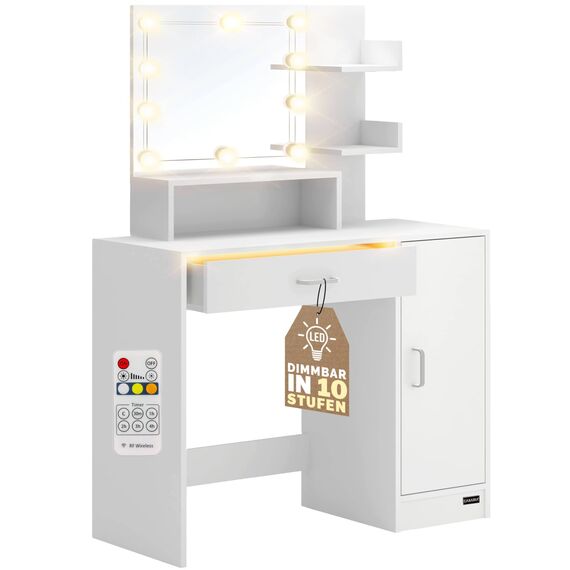 Casaria® Schminktisch mit Spiegel LED Beleuchtung Weiß Schubladenbeleuchtung 3 Regale Kosmetiktisch Make-up inkl. Fernbedienung klein Holz 90x40cm