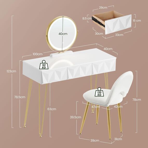 EUGAD Schminktisch mit Spiegel und Hocker, LED Beleuchtung, Samtstuhl, Frisiertisch mit 3 Schubladen, Modern Design, Einfache Montage, Weiß Hochglanz, Goldene Metallbeine, 100 cm Breite, 0054SZT