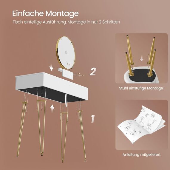 EUGAD Schminktisch mit Spiegel und Hocker, LED Beleuchtung, Samtstuhl, Frisiertisch mit 3 Schubladen, Modern Design, Einfache Montage, Weiß Hochglanz, Goldene Metallbeine, 100 cm Breite, 0054SZT