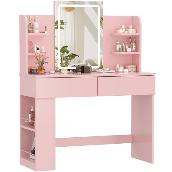 Devoko Schminktisch mit LED Beleuchtung, Spiegel, Einstellbarer Helligkeit, 108x40x136 cm, Frisiertisch mit 2 Schubladen, 4 Ablagen, Modern Kosmetiktisch, Rosa