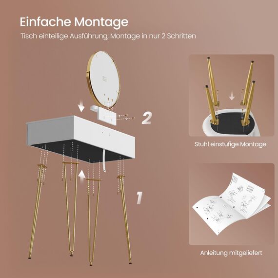 EUGAD Schminktisch mit Spiegel und Hocker, LED Beleuchtung, Samtstuhl, Frisiertisch mit 2 Schubladen, Modern Design, Einfache Montage, Weiß Hochglanz, Goldene Metallbeine, 80 cm Breite, 0056SZT