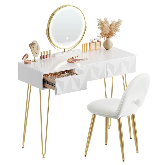 EUGAD Schminktisch mit Spiegel und Hocker, LED Beleuchtung, Samtstuhl, Frisiertisch mit 3 Schubladen, Modern Design, Einfache Montage, Weiß Hochglanz, Goldene Metallbeine, 100 cm Breite, 0054SZT