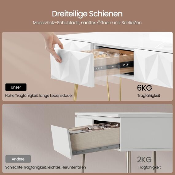 EUGAD Schminktisch mit Spiegel und Hocker, LED Beleuchtung, Samtstuhl, Frisiertisch mit 3 Schubladen, Modern Design, Einfache Montage, Weiß Hochglanz, Goldene Metallbeine, 100 cm Breite, 0054SZT