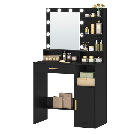 Hzuaneri Schminktisch mit Spiegel und 10 LED-Leuchten, Schminkkommode mit 3 Ablagen & 4 offenen Fächern, Schminktisch mit Großer Schublade & Schrank, Schwarz VT08106X
