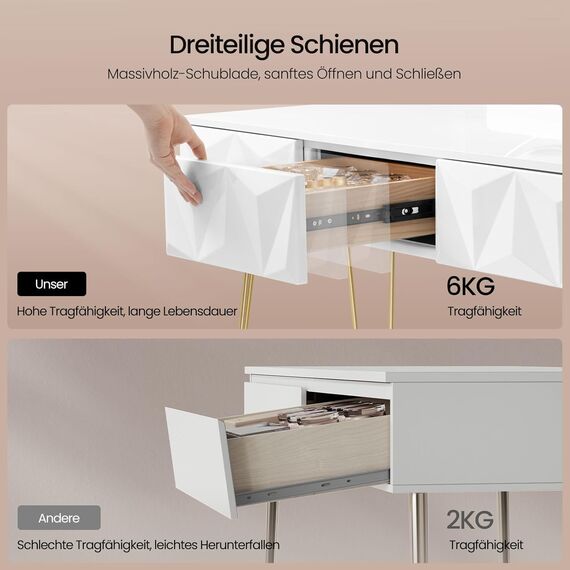 EUGAD Schminktisch mit Spiegel und Samt-Hocker, Frisiertisch mit 3 Schubladen, mit 3D Effekt, Modernes Design, Tischplatte Hochglanz 100 cm, Einfache Montage, Weiß + Golden, 0016SZT
