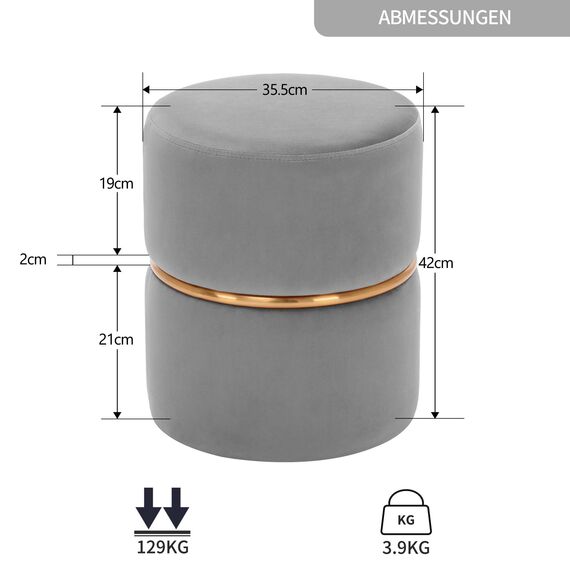 Duhome Sitzhocker Rund, Schminkhocker Samt Gepolsterter Polsterhocker Schminktisch Hocker Ottoman für Wohnzimmer Schlafzimmer Kinderzimmer, Grau