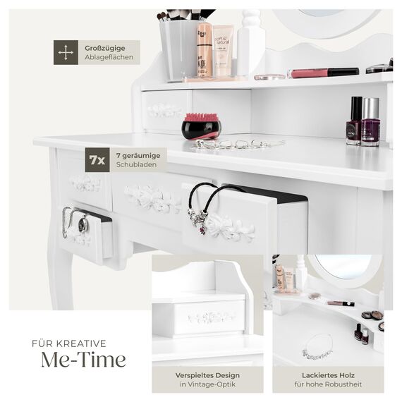 tectake® Schminktisch, Schminktisch Organizer mit 7 Schubladen und 3 Spiegeln, Kosmetiktisch inkl. Hocker, Schlafzimmer Deko Möbel, 90 x 40 x 145 cm, weiß