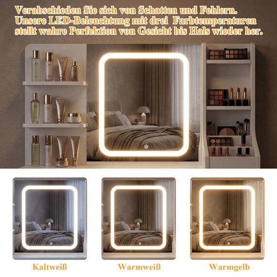 TRIUMPHKEY Schminktisch mit LED Beleuchtung,Einstellbarer Helligkeit,Frisiertisch mit Spiegel,Moderner Kosmetiktisch mit 7 Schubladen, 4 Ablagen und 3 offenen Fächern für das Schlafzimmer