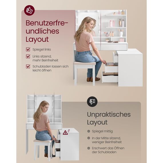 VASAGLE Kailyn Kollektion - Schminktisch mit Spiegel und LED-Beleuchtung, Frisiertisch 9 Glühbirnen, 8 Schubladen, 3 Ablagen, 3 Lichtfarben, gerade oder L-förmig, wolkenweiß RDT140WB01