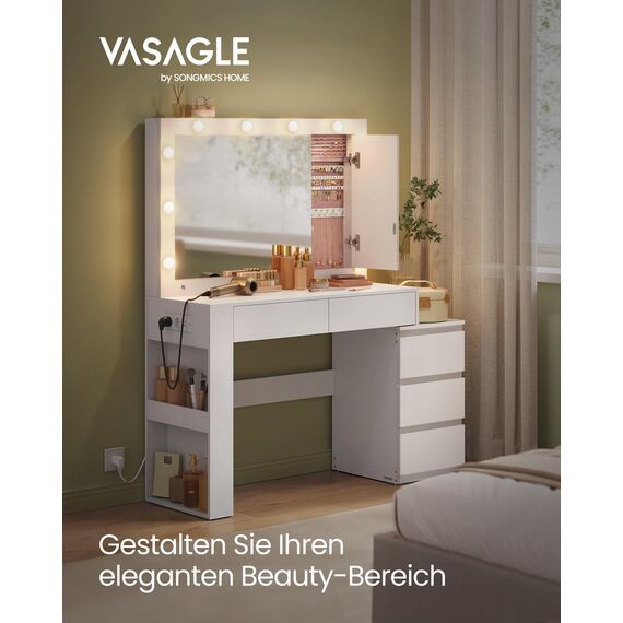 VASAGLE Kailyn Kollektion - Schminktisch mit LED-Beleuchtung, Frisiertisch mit Spiegel, Steckdosenleiste, 40 x 125 x 140 cm, Kosmetiktisch mit Schubladen, wolkenweiß RDT127W01