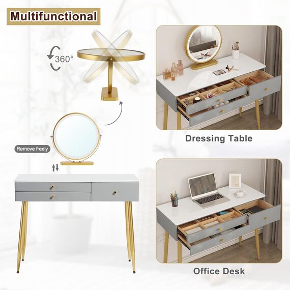 WOLTU Schminktisch mit Spiegel, Beleuchtung, Hocker, Schminktischstuhl aus Samt, modernes Frisiertisch Grau-Gold, mit 3 Schubladen, Einfach zu montieren, Make-up Tisch Schreibtisch für Schlafzimmer