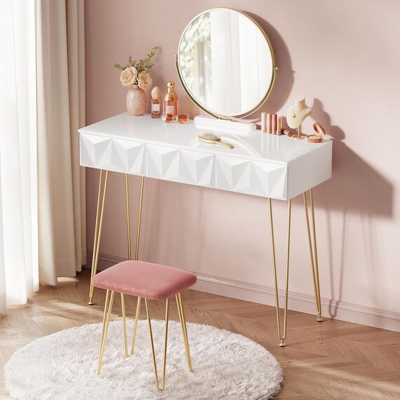 EUGAD Schminktisch mit Spiegel und Samt-Hocker, Frisiertisch mit 3 Schubladen, mit 3D Effekt, Modernes Design, Tischplatte Hochglanz 100 cm, Einfache Montage, Weiß + Golden, 0016SZT