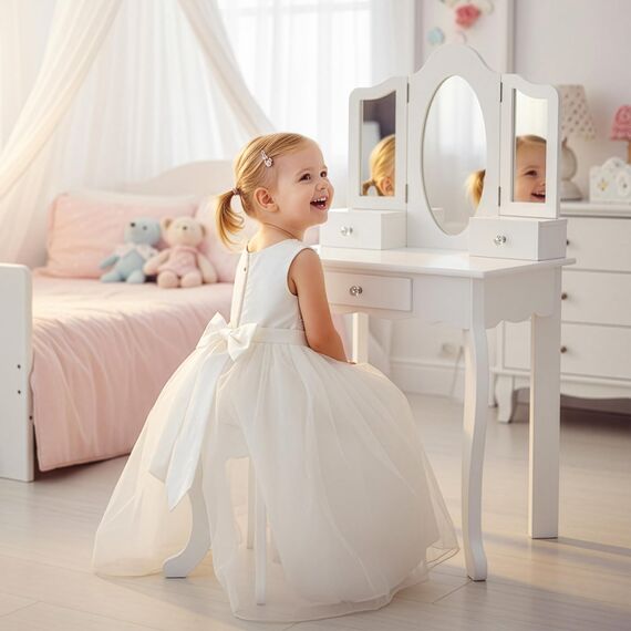 Green series Kinderplay Kids Vanity Table with Mirror – Sturdy Wooden Dressing Table – for Girls’ Bedroom & Pretend Play – White Finish