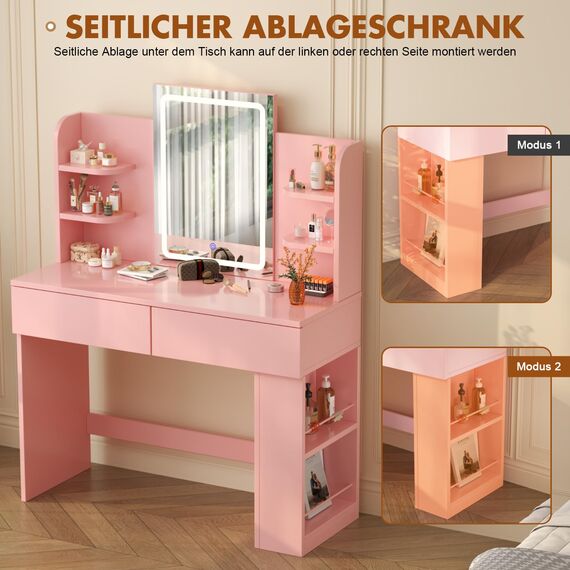 Devoko Schminktisch mit LED Beleuchtung, Spiegel, Einstellbarer Helligkeit, 108x40x136 cm, Frisiertisch mit 2 Schubladen, 4 Ablagen, Modern Kosmetiktisch, Rosa