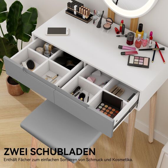 YU YUSING Schminktisch mit Beleuchtung Spiegel,Frisiertisch mit Schubladen, Kosmetiktisch mit gepolstertem Hocker, Kommode Make-up Tisch, Tisch für Frau, Modern（Oval）