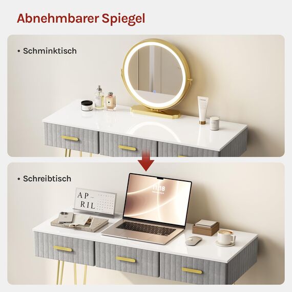 WOLTU Schminktisch mit Beleuchtung und Hocker, Frisiertisch mit Spiegel, 3 Schubladen aus Massivholz, Große Hochglanz Tischplatte 100x40cm, Modern Kosmetiktisch aus Samt Metall, Grau Weiß, MB6108gr