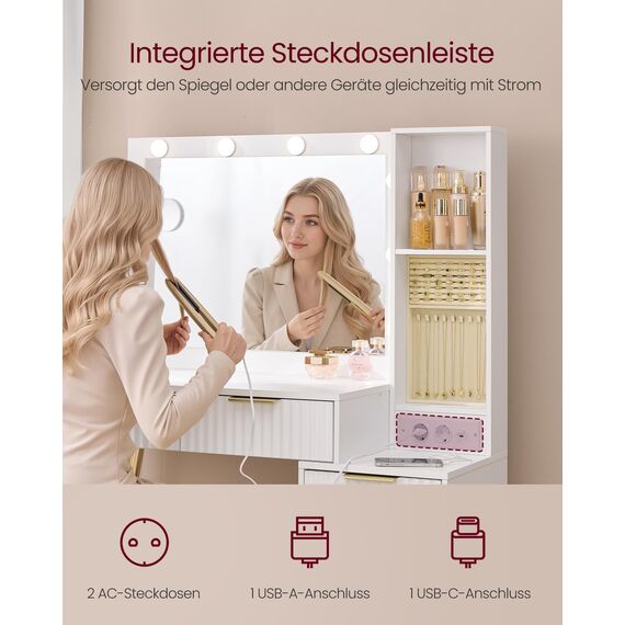 VASAGLE Schminktisch mit Hocker und Spiegel, Frisiertisch mit Schubladen, Kosmetiktisch, 10x Vergrößerungsspiegel, LED-Leuchten, Schmucktablett, Ladestation, 40 x 110 x 135 cm, wolkenweiß RVT020WB01