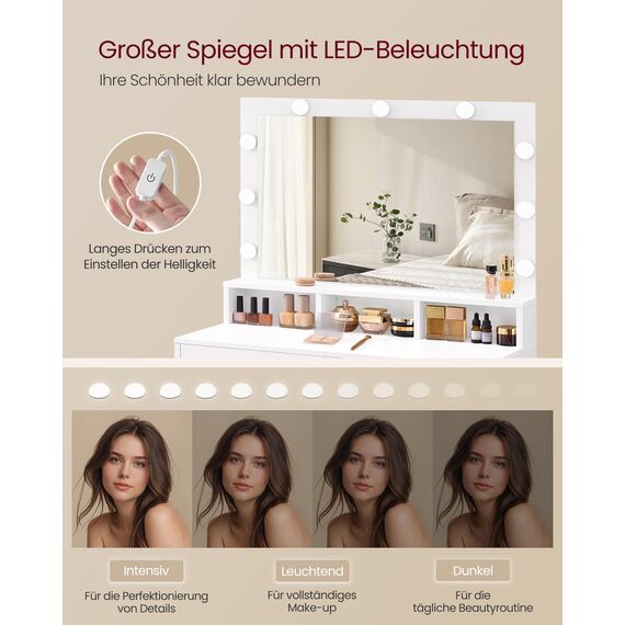 VASAGLE Schminktisch, mit LED-Beleuchtung, einstellbare Helligkeit, Frisiertisch mit Spiegel, Kosmetiktisch mit 2 Schubladen und 3 offenen Fächern, modern, wolkenweiß RDT120WB01