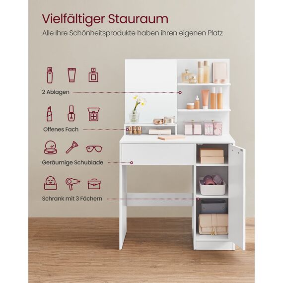 VASAGLE Schminktisch, Frisiertisch, mit Spiegel, Aufbewahrungsfach, 2 verstellbare Ablagen hinter der TÜr, 1 Schublade, 2 Ablagen, weiß RDT119W01