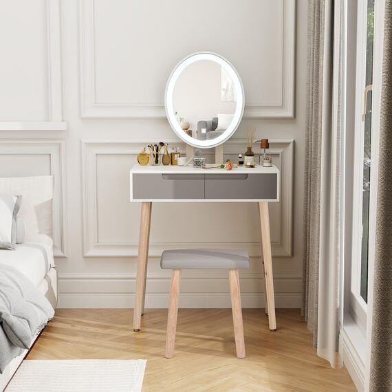 YU YUSING Schminktisch mit Beleuchtung Spiegel,Frisiertisch mit Schubladen, Kosmetiktisch mit gepolstertem Hocker, Kommode Make-up Tisch, Tisch für Frau, Modern（Oval）