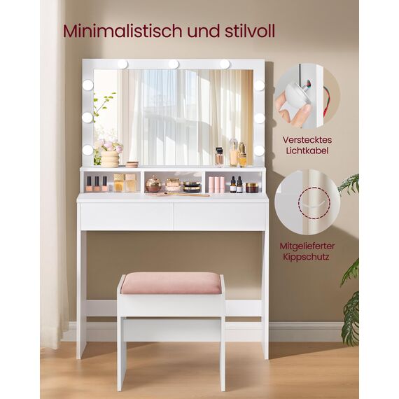 VASAGLE Schminktisch, mit LED-Beleuchtung, einstellbare Helligkeit, Frisiertisch mit Spiegel, Kosmetiktisch mit 2 Schubladen und 3 offenen Fächern, modern, wolkenweiß RDT120WB01