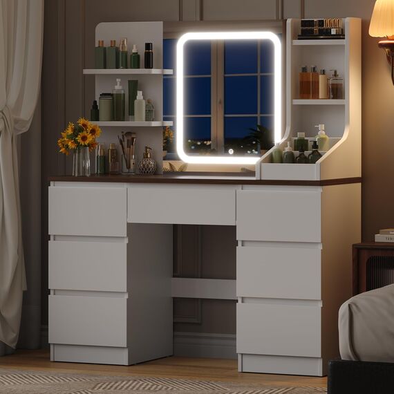 TRIUMPHKEY Schminktisch mit LED Beleuchtung,Einstellbarer Helligkeit,Frisiertisch mit Spiegel,Moderner Kosmetiktisch mit 7 Schubladen, 4 Ablagen und 3 offenen Fächern, Braun+Weiß