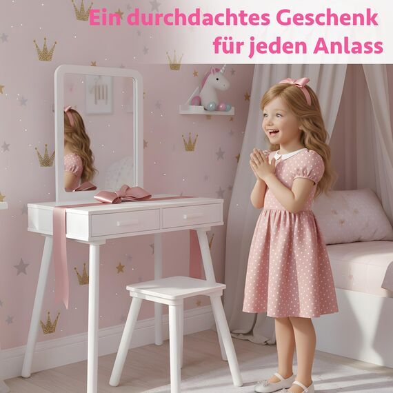 Green series Kinder Schminktisch ab 3 Jahren mit Spiegel & Hocker – Kinderschminktisch aus Holz für Mädchen, Frisiertisch mit Schubladen & Stickern, Geschenk für Kinderzimmer