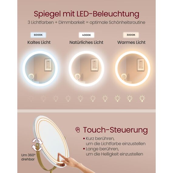 VASAGLE Schminktisch mit Hocker und Beleuchtung, Steckdosenleiste, Spiegel, Frisiertisch, 40 x 80 x 134,8 cm, Kosmetiktisch mit Schubladen, gepolsterter Sitzhocker, mattweiß-blassgold RVT019W01