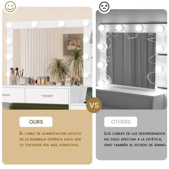 FIONESO 110cm Großer Schminktisch mit großem Spiegel und LED-Leuchten, Schminktisch mit 5 Schubladen, 2 offene Regale, Kosmetiktisch für Mädchen, Frauen und Schlafzimmer, Weiß