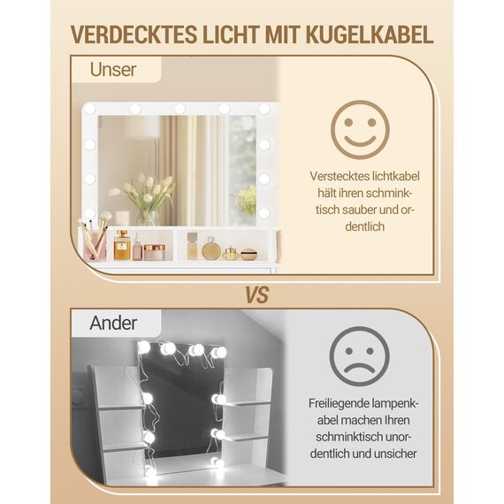 Hzuaneri Schminktisch mit 10 LED-Beleuchtung, Hocker, Frisiertisch mit Große Spiegel, Schminktische mit Stecker, Und Haartrocknerhalter, Und Mehreren Schubladen, Weiß DT42903XEU