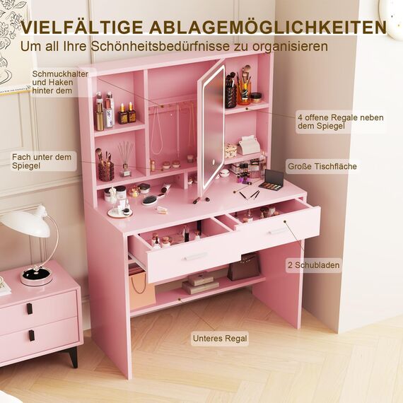 Airfish Schminktisch mit LED Beleuchtung Spiegel, Verstellbar Helligkeitsgeregeltem, Frisiertisch mit 2 Schubladen, Verstellbaren Regalen, Schmuckablage, Modernem Stil (Rosa)
