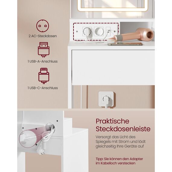 VASAGLE KAILYN Kollektion - Schminktisch mit Hocker, Frisiertisch mit LED-Spiegel und Steckdosenleiste, Kosmetiktisch, Schublade und offene Ablagen, Schrank mit 2 verstellbaren Ablagen, weiß RDT738W01