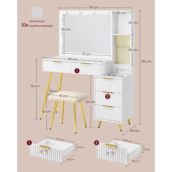 VASAGLE Schminktisch mit Hocker und Spiegel, Frisiertisch mit Schubladen, Kosmetiktisch, 10x Vergrößerungsspiegel, LED-Leuchten, Schmucktablett, Ladestation, 40 x 110 x 135 cm, wolkenweiß RVT020WB01