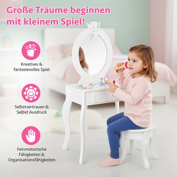 Green series Kinder Schminktisch aus Holz mit Spiegel & Hocker – Toaletttisch Mädchen mit Schublade & Aufklebern | Kinder Schminkkommode Holz, Schminktisch Kinderzimmer, Geschenk für Mädchen – GS3310
