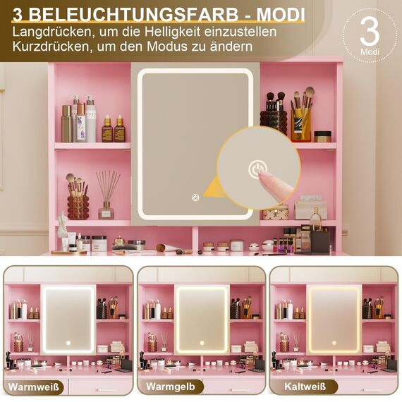 Airfish Schminktisch mit LED Beleuchtung Spiegel, Verstellbar Helligkeitsgeregeltem, Frisiertisch mit 2 Schubladen, Verstellbaren Regalen, Schmuckablage, Modernem Stil (Rosa)