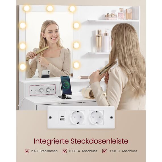 VASAGLE Kailyn Kollektion - Schminktisch mit Spiegel und LED-Beleuchtung, Frisiertisch 9 Glühbirnen, 8 Schubladen, 3 Ablagen, 3 Lichtfarben, gerade oder L-förmig, wolkenweiß RDT140WB01