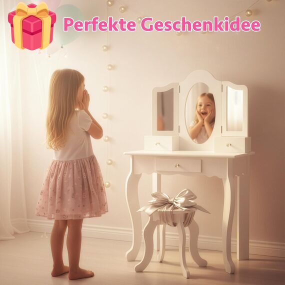 Green series Kinderplay Kids Vanity Table with Mirror – Sturdy Wooden Dressing Table – for Girls’ Bedroom & Pretend Play – White Finish