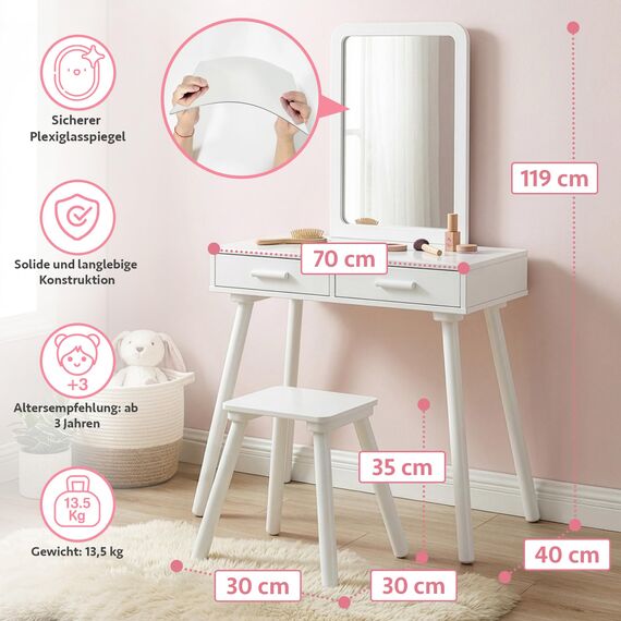 Green series Kinder Schminktisch ab 3 Jahren mit Spiegel & Hocker – Kinderschminktisch aus Holz für Mädchen, Frisiertisch mit Schubladen & Stickern, Geschenk für Kinderzimmer