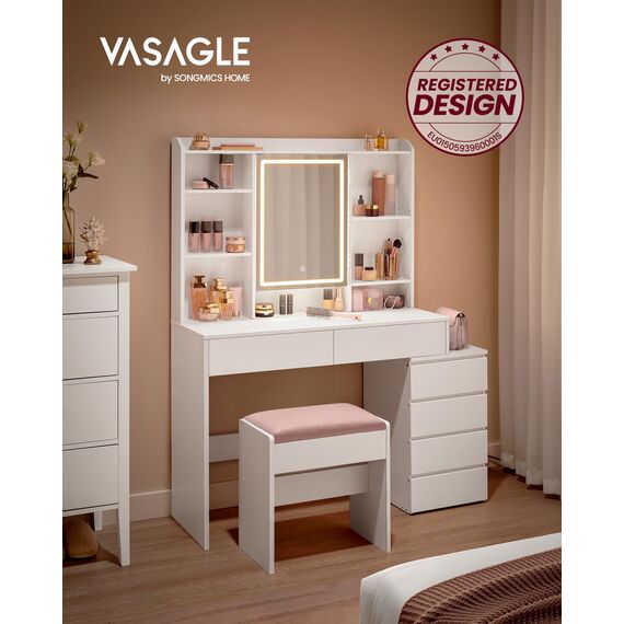 VASAGLE Schminktisch mit LED-Beleuchtung, Hocker, einstellbare Helligkeit, Frisiertisch mit Spiegel, Kosmetiktisch mit Schubladen, offenen Fächern, verstellbaren Ablagen, modern, wolkenweiß