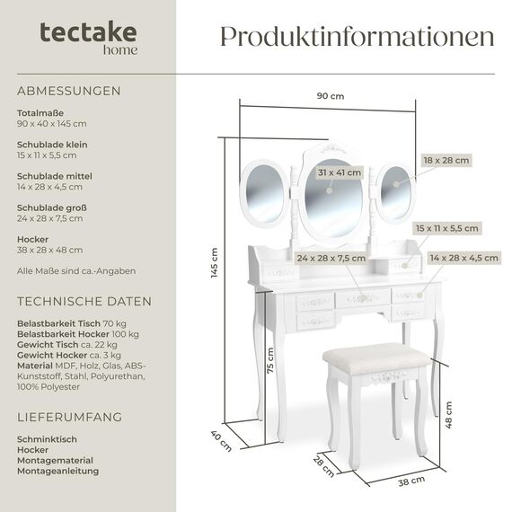 tectake® Schminktisch, Schminktisch Organizer mit 7 Schubladen und 3 Spiegeln, Kosmetiktisch inkl. Hocker, Schlafzimmer Deko Möbel, 90 x 40 x 145 cm, weiß