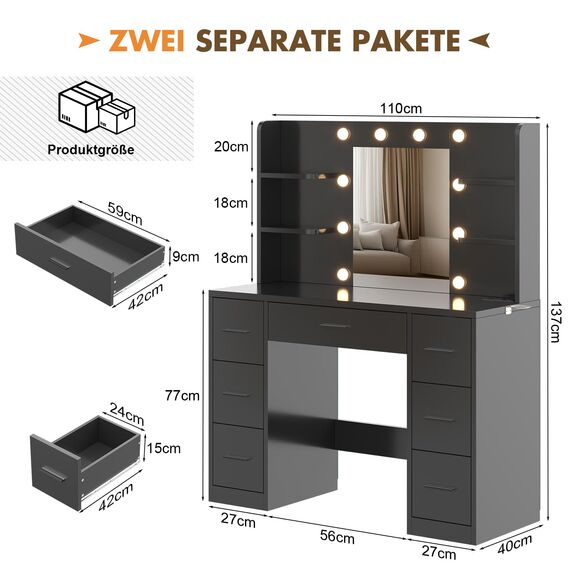 Devoko Große Schminktisch mit LED Beleuchtung und Steckdose, Verstellbare Helligkeit, Frisiertisch mit Spiegel, 7 Schubladen, 4 Offenen Ablagen, Moderner Schminktische für Schlafzimmer (Schwarz)