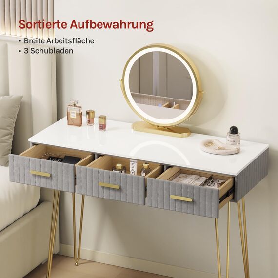 WOLTU Schminktisch mit Beleuchtung und Hocker, Frisiertisch mit Spiegel, 3 Schubladen aus Massivholz, Große Hochglanz Tischplatte 100x40cm, Modern Kosmetiktisch aus Samt Metall, Grau Weiß, MB6108gr