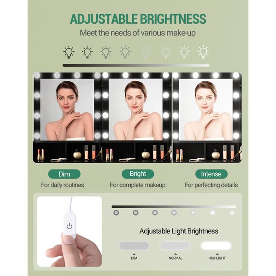 Hzuaneri Schminktisch mit Spiegel und 10 LED-Leuchten, Schminkkommode mit 3 Ablagen & 4 offenen Fächern, Schminktisch mit Großer Schublade & Schrank, Schwarz VT08106X
