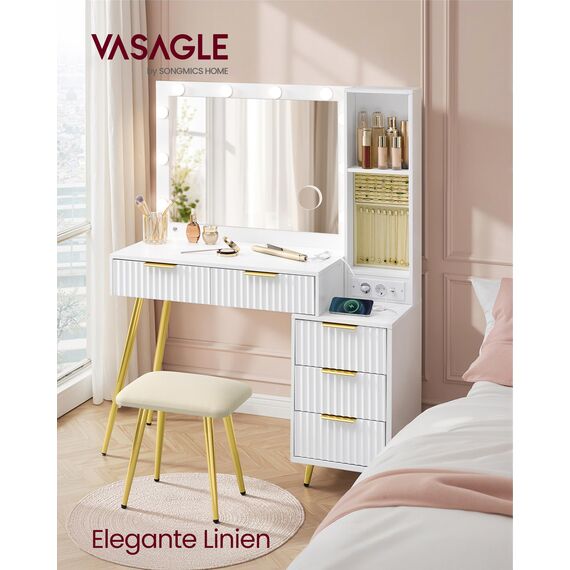 VASAGLE Schminktisch mit Hocker und Spiegel, Frisiertisch mit Schubladen, Kosmetiktisch, 10x Vergrößerungsspiegel, LED-Leuchten, Schmucktablett, Ladestation, 40 x 110 x 135 cm, wolkenweiß RVT020WB01