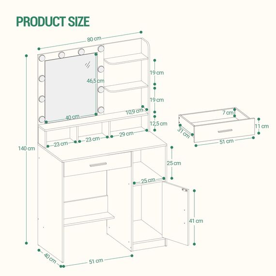 Hzuaneri Schminktisch mit Spiegel und 10 LED-Leuchten, Schminkkommode mit 3 Ablagen & 4 offenen Fächern, Schminktisch mit Großer Schublade & Schrank, Schwarz VT08106X