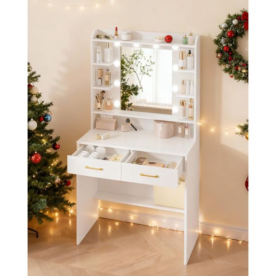 Hzuaneri Schminktisch mit Spiegel, Schminktisch mit Ablageflächen und 2 Schubladen, für Schlafzimmer, Wohnzimmer, Verstellbare Helligkeit, 40 x 80 x 149 cm, Weiß