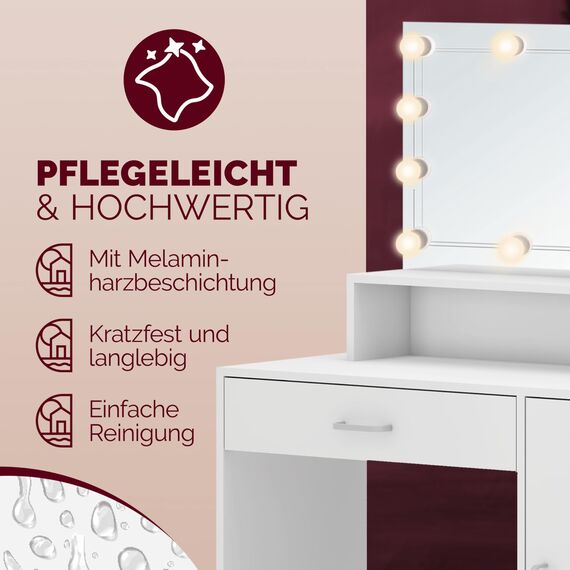 Casaria® Schminktisch mit Spiegel LED Beleuchtung Weiß Schubladenbeleuchtung 3 Regale Kosmetiktisch Make-up inkl. Fernbedienung klein Holz 90x40cm